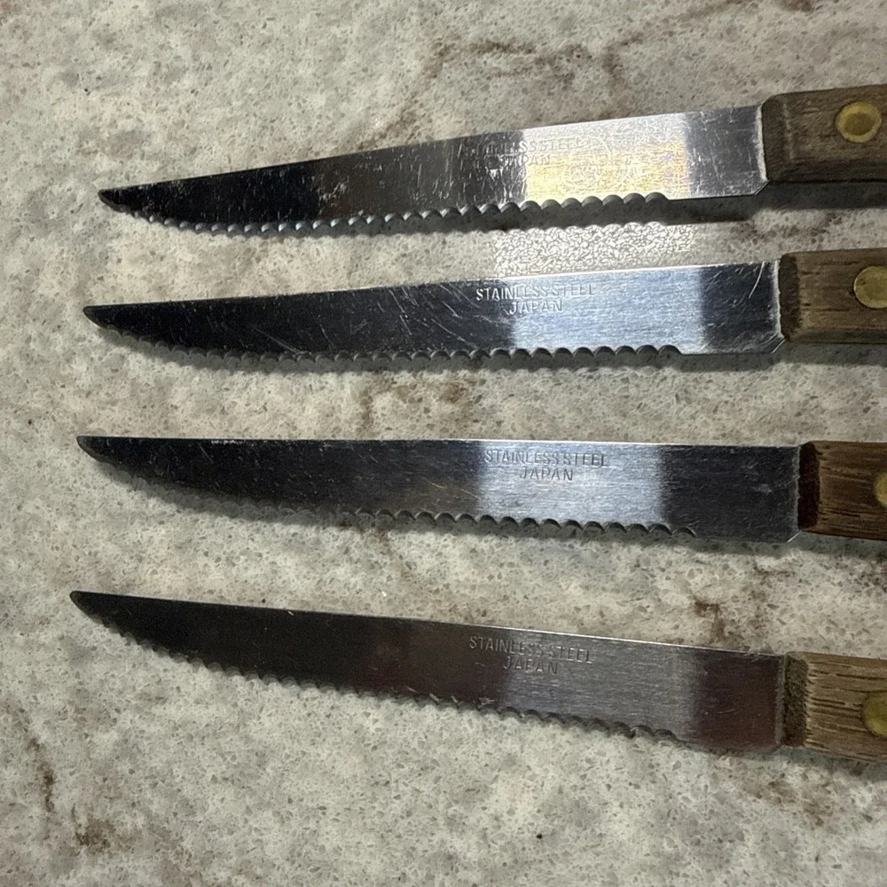 4 Vintage Stainless Steel Steak Knives Wood Handle Dainty Petite Japan Knife Set